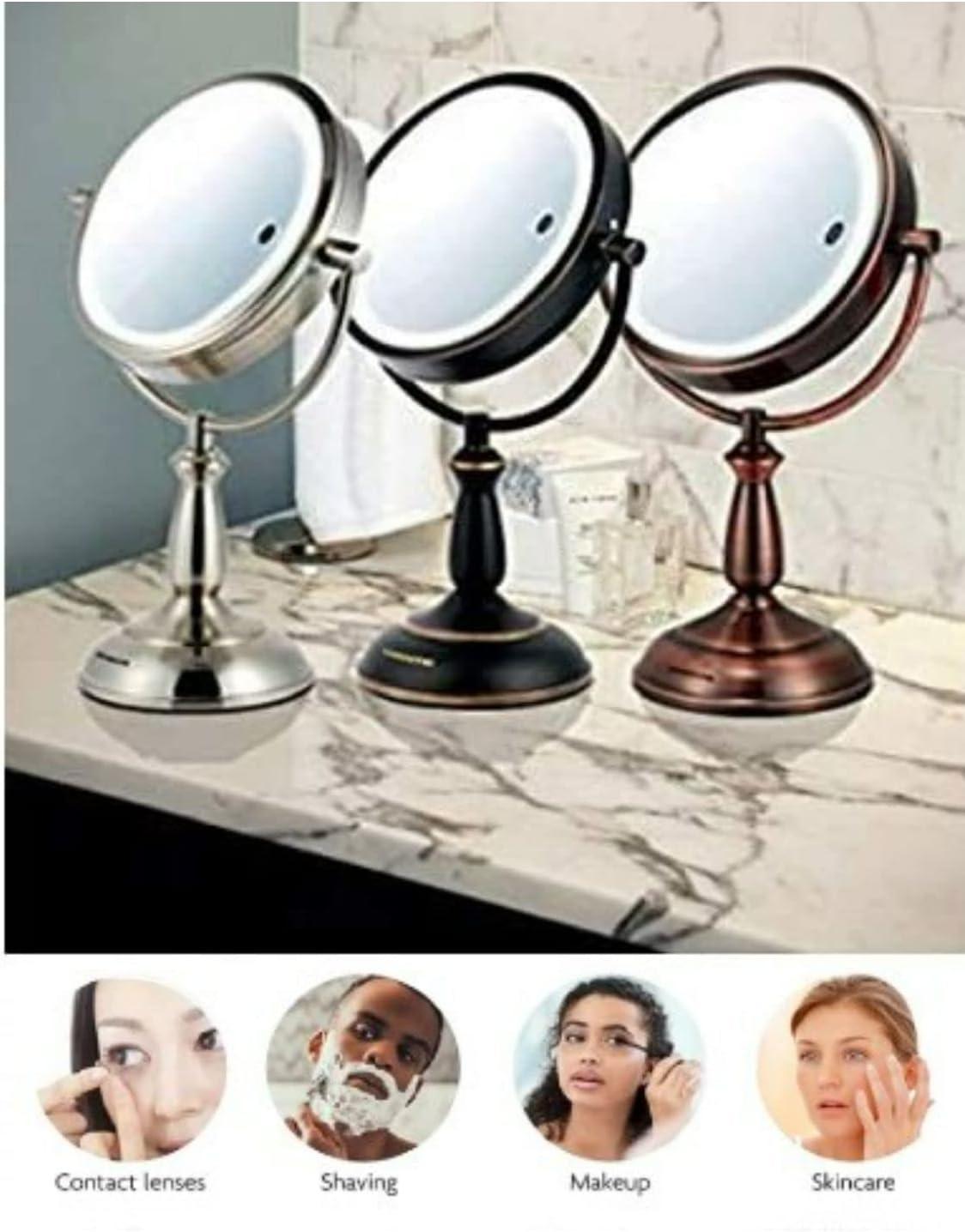 imageOvente 75 Lighted Tabletop Vanity Makeup Mirror 1X amp 7X Magnifier Spinning Double Sided Round LED 3 Tone Smart Touch Auto Shut Off Timer Battery amp AC Plug Operated Nickel Brushed MPT75BR1X7XNickel Brushed