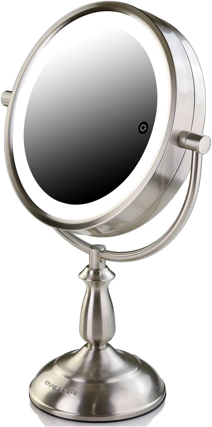 imageOvente 75 Lighted Tabletop Vanity Makeup Mirror 1X amp 7X Magnifier Spinning Double Sided Round LED 3 Tone Smart Touch Auto Shut Off Timer Battery amp AC Plug Operated Nickel Brushed MPT75BR1X7XNickel Brushed