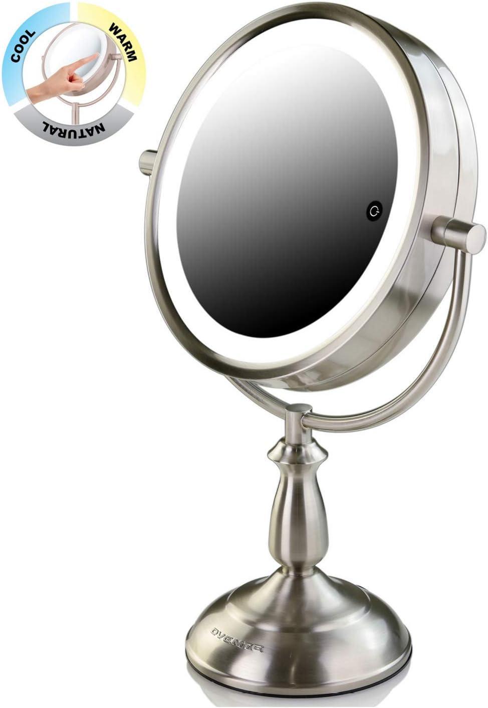 imageOvente 75 Lighted Tabletop Vanity Makeup Mirror 1X amp 7X Magnifier Spinning Double Sided Round LED 3 Tone Smart Touch Auto Shut Off Timer Battery amp AC Plug Operated Nickel Brushed MPT75BR1X7XNickel Brushed