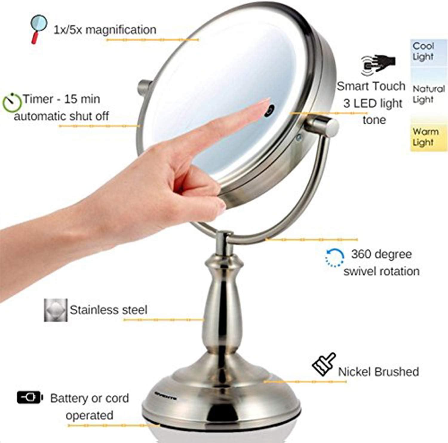 imageOvente 75 Lighted Tabletop Vanity Makeup Mirror 1X amp 7X Magnifier Spinning Double Sided Round LED 3 Tone Smart Touch Auto Shut Off Timer Battery amp AC Plug Operated Nickel Brushed MPT75BR1X7XNickel Brushed