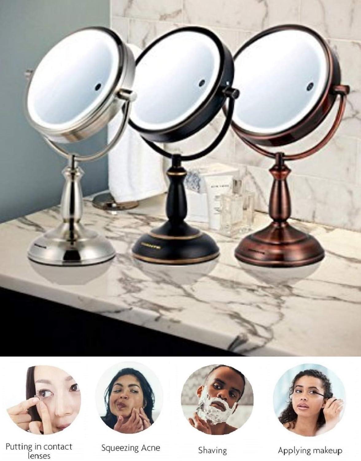 imageOvente 75 Lighted Tabletop Vanity Makeup Mirror 1X amp 7X Magnifier Spinning Double Sided Round LED 3 Tone Smart Touch Auto Shut Off Timer Battery amp AC Plug Operated Nickel Brushed MPT75BR1X7XNickel Brushed