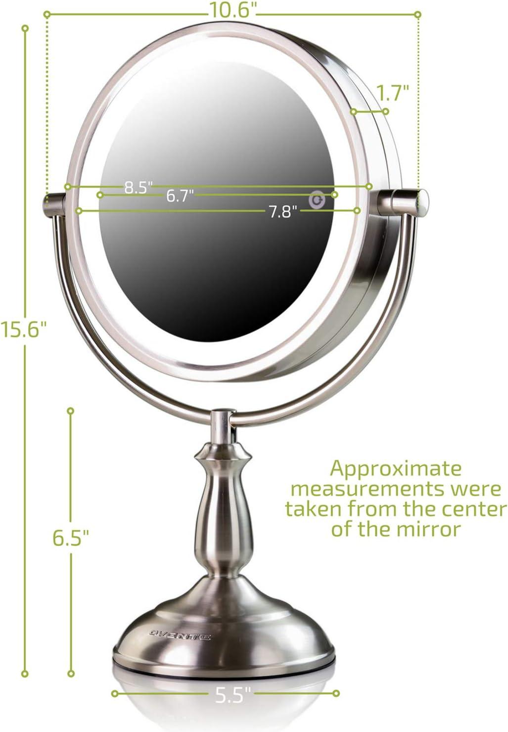 imageOvente 75 Lighted Tabletop Vanity Makeup Mirror 1X amp 7X Magnifier Spinning Double Sided Round LED 3 Tone Smart Touch Auto Shut Off Timer Battery amp AC Plug Operated Nickel Brushed MPT75BR1X7XNickel Brushed