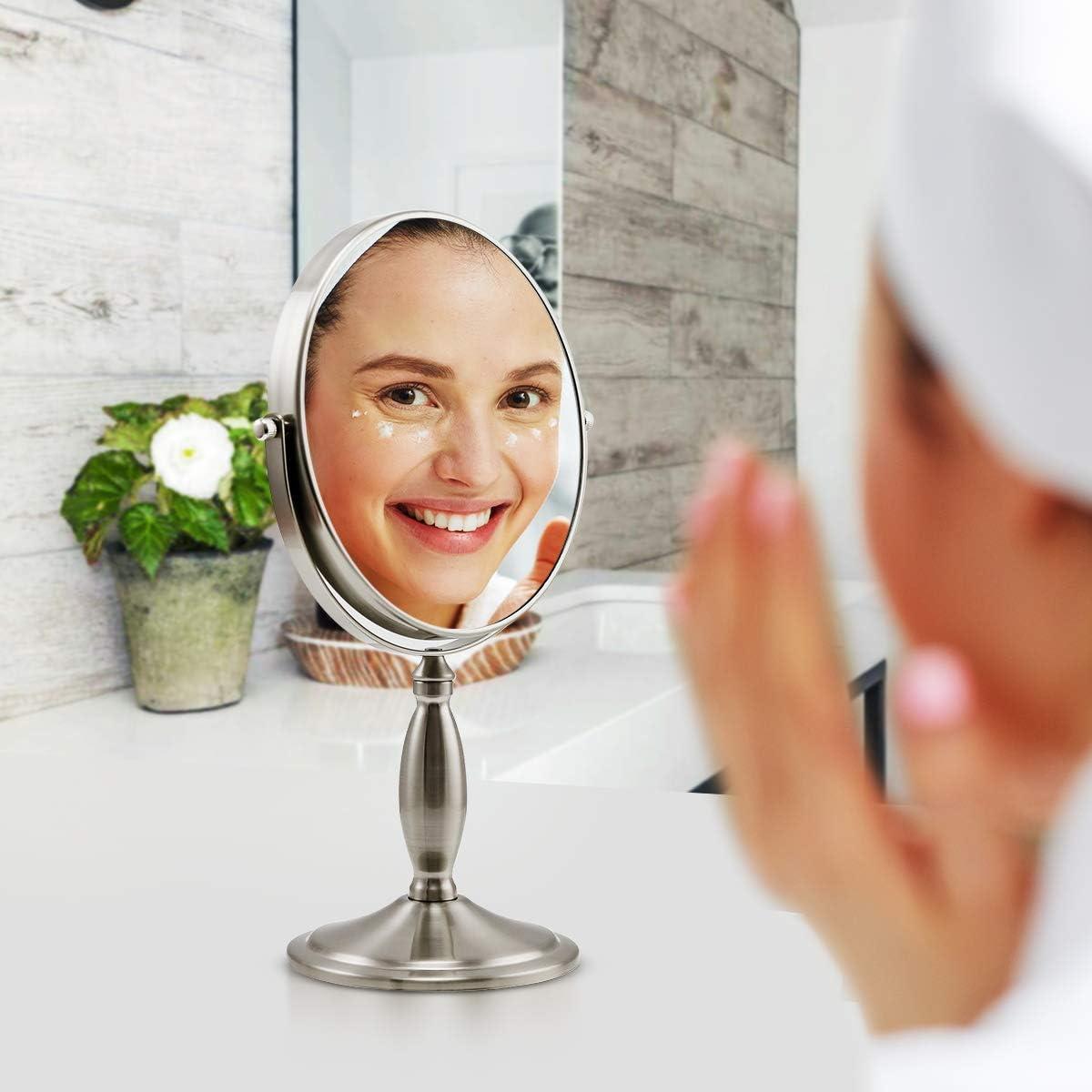 imageOvente 75 Lighted Tabletop Vanity Makeup Mirror 1X amp 7X Magnifier Spinning Double Sided Round LED 3 Tone Smart Touch Auto Shut Off Timer Battery amp AC Plug Operated Nickel Brushed MPT75BR1X7XNickel Brushed