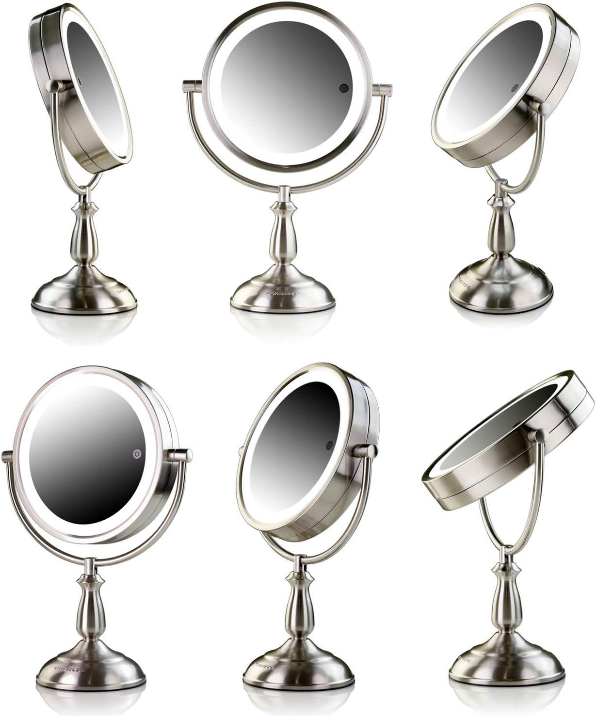 imageOvente 75 Lighted Tabletop Vanity Makeup Mirror 1X amp 7X Magnifier Spinning Double Sided Round LED 3 Tone Smart Touch Auto Shut Off Timer Battery amp AC Plug Operated Nickel Brushed MPT75BR1X7XNickel Brushed