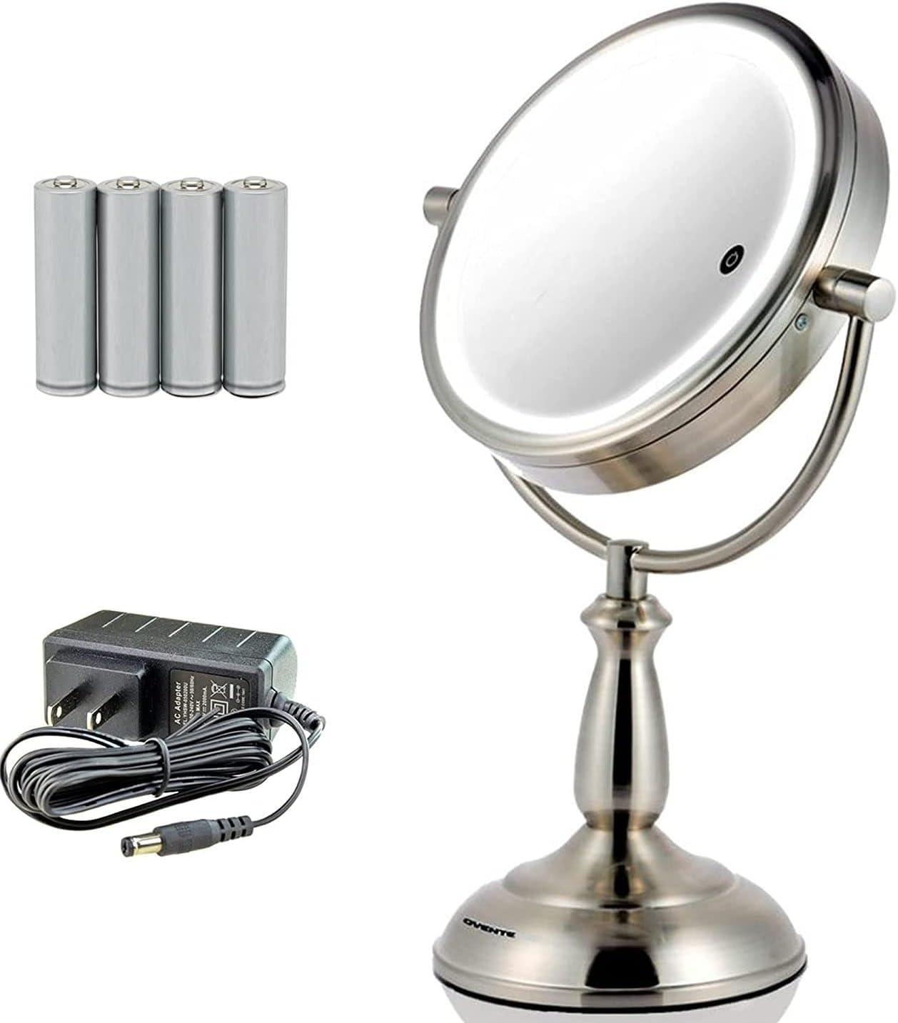 imageOvente 75 Lighted Tabletop Vanity Makeup Mirror 1X amp 7X Magnifier Spinning Double Sided Round LED 3 Tone Smart Touch Auto Shut Off Timer Battery amp AC Plug Operated Nickel Brushed MPT75BR1X7XNickel Brushed