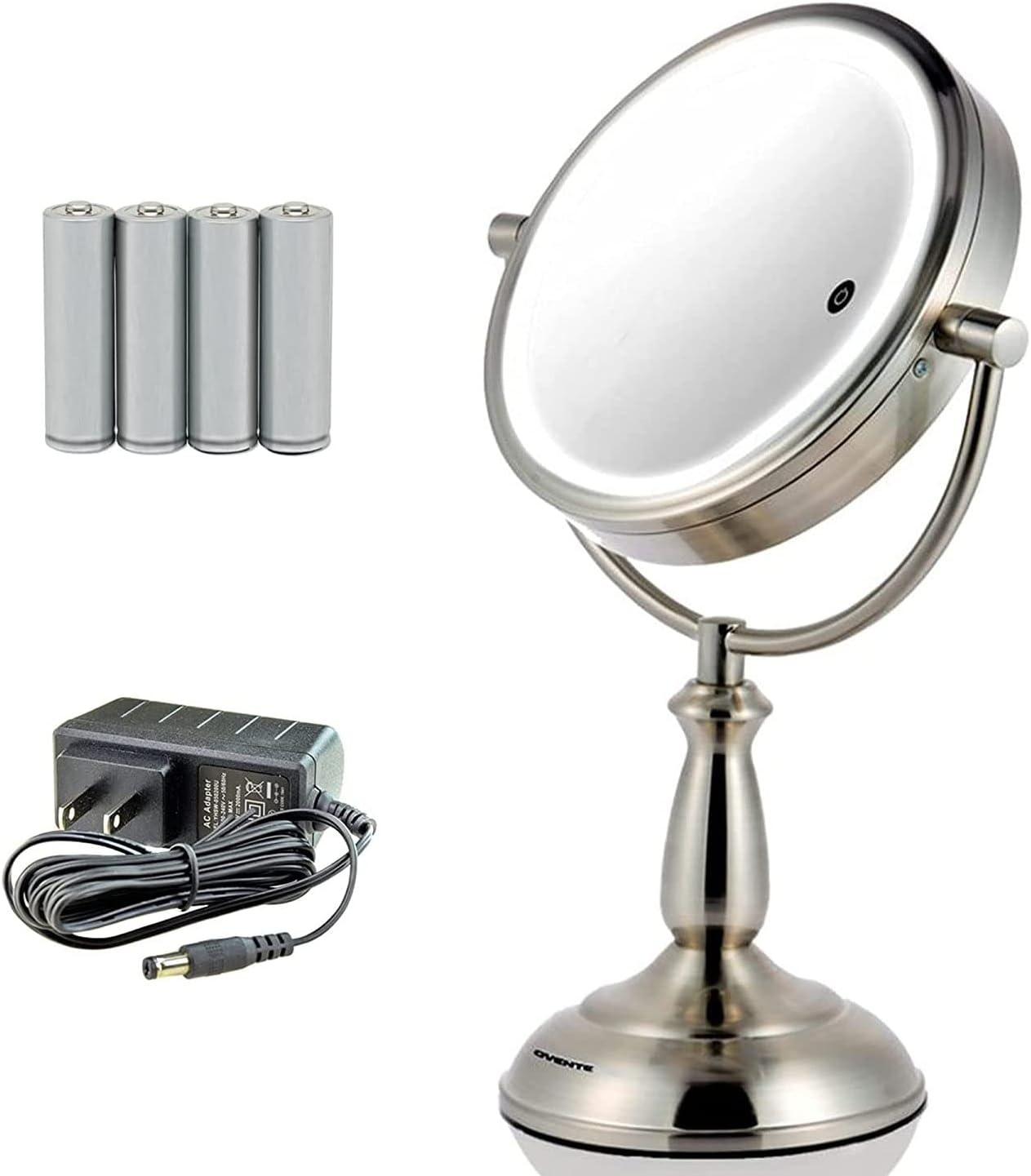 imageOvente 75 Lighted Tabletop Vanity Makeup Mirror 1X amp 7X Magnifier Spinning Double Sided Round LED 3 Tone Smart Touch Auto Shut Off Timer Battery amp AC Plug Operated Nickel Brushed MPT75BR1X7XNickel Brushed
