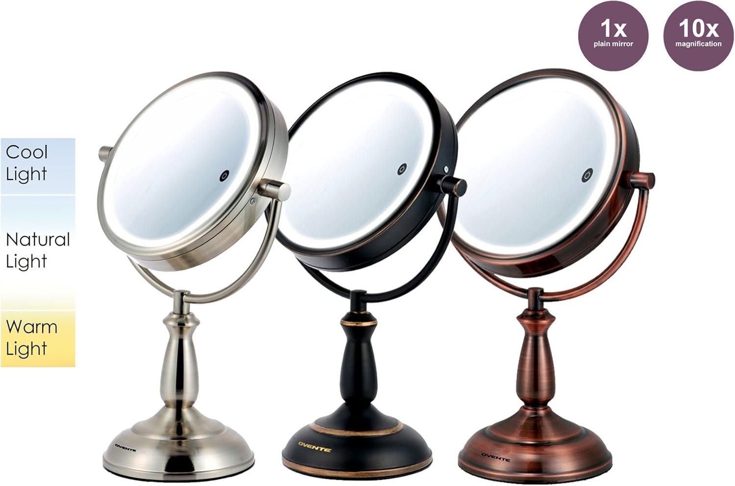 imageOvente 75 Lighted Tabletop Vanity Makeup Mirror 1X amp 7X Magnifier Spinning Double Sided Round LED 3 Tone Smart Touch Auto Shut Off Timer Battery amp AC Plug Operated Nickel Brushed MPT75BR1X7XNickel Brushed