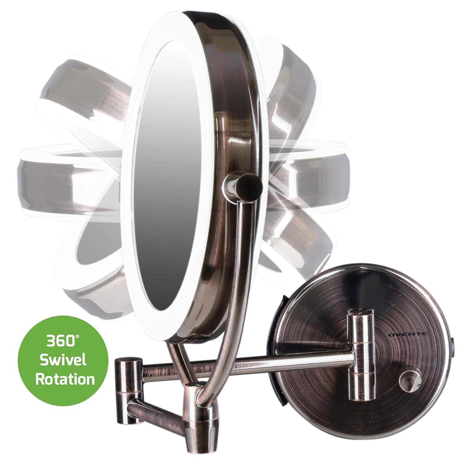 imageOvente 95 Lighted Wall Mount Makeup Mirror 1X amp 7X Magnifier Spinning Double Sided Round LED Dimmer Switch Extend Retractable amp Folding Arm Battery USB Powered Antique Brass MLW45AB1X7X