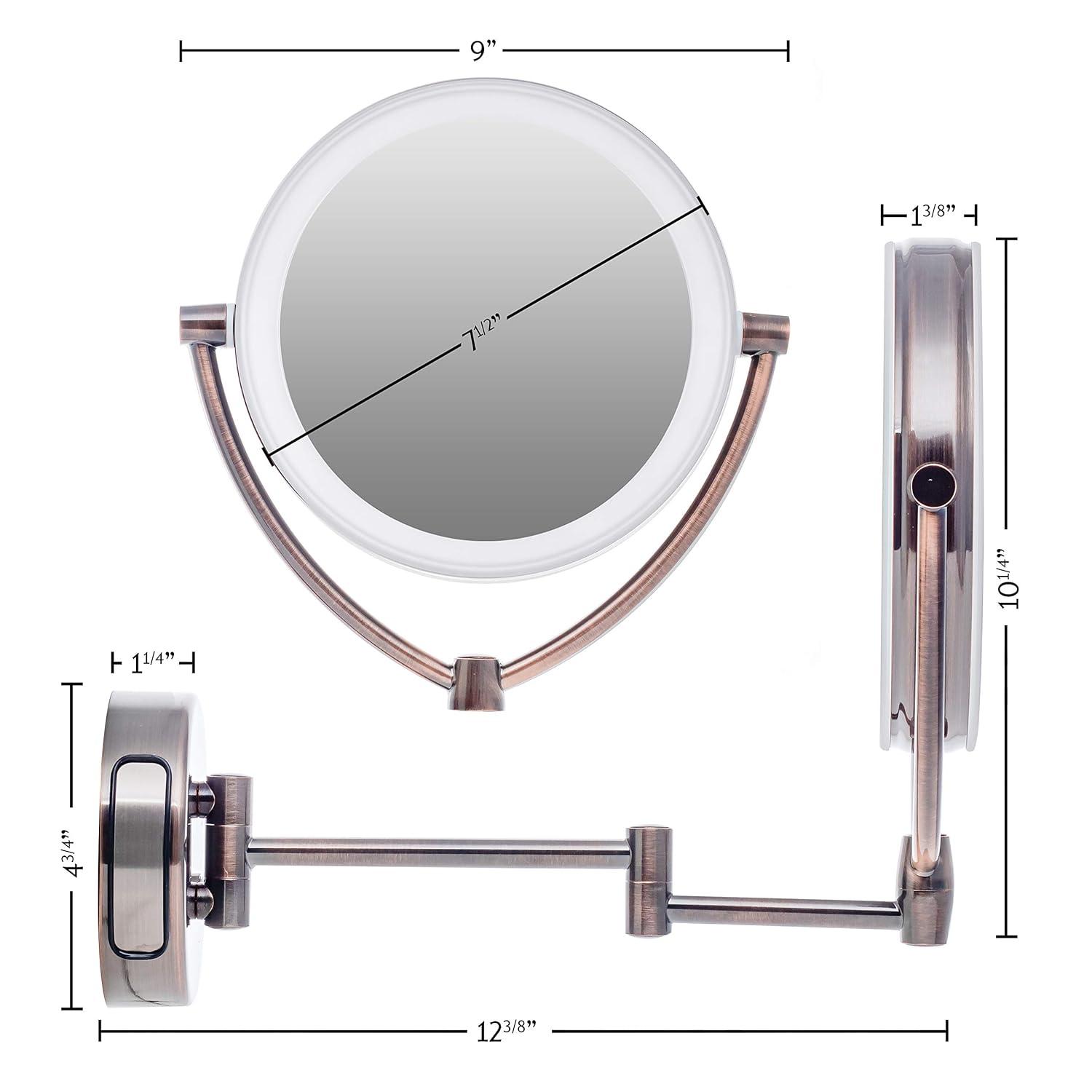 imageOvente 95 Lighted Wall Mount Makeup Mirror 1X amp 7X Magnifier Spinning Double Sided Round LED Dimmer Switch Extend Retractable amp Folding Arm Battery USB Powered Antique Brass MLW45AB1X7X