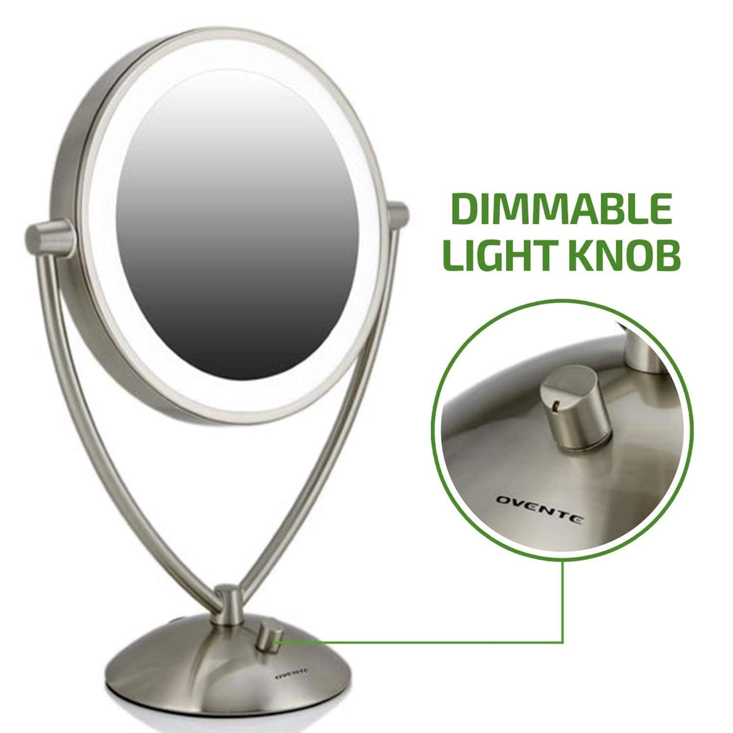imageOvente Lighted Tabletop Makeup Mirror 95 Inch LED Dimmable 1X 5X Magnifier 360 Adjustable Double Sided Battery USB Operated Bedroom Lamp Vanity Cosmetic Professional Large Nickel Brushed MLT45BR1X5X