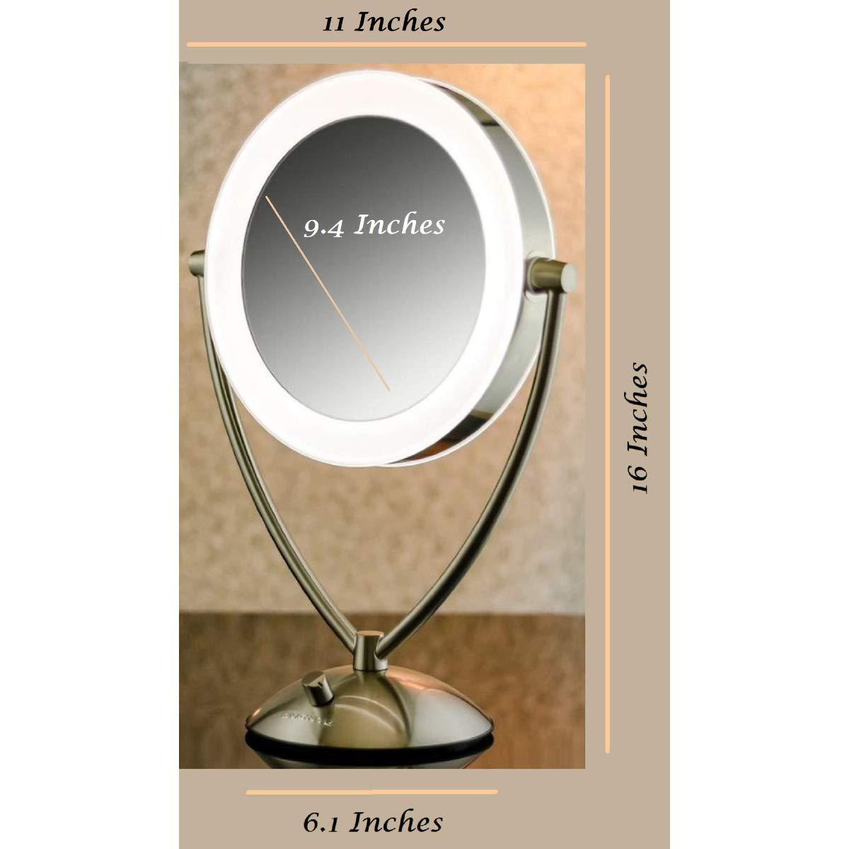 imageOvente Lighted Tabletop Makeup Mirror 95 Inch LED Dimmable 1X 5X Magnifier 360 Adjustable Double Sided Battery USB Operated Bedroom Lamp Vanity Cosmetic Professional Large Nickel Brushed MLT45BR1X5X
