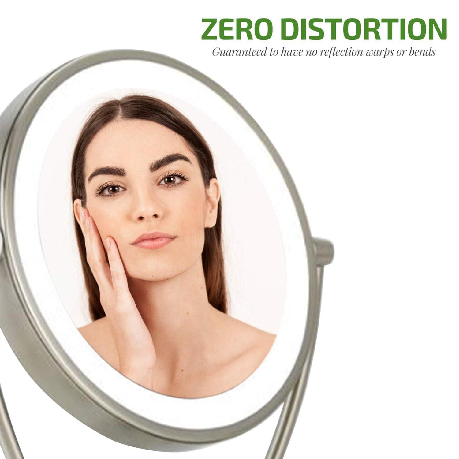 imageOvente Lighted Tabletop Makeup Mirror 95 Inch LED Dimmable 1X 5X Magnifier 360 Adjustable Double Sided Battery USB Operated Bedroom Lamp Vanity Cosmetic Professional Large Nickel Brushed MLT45BR1X5X
