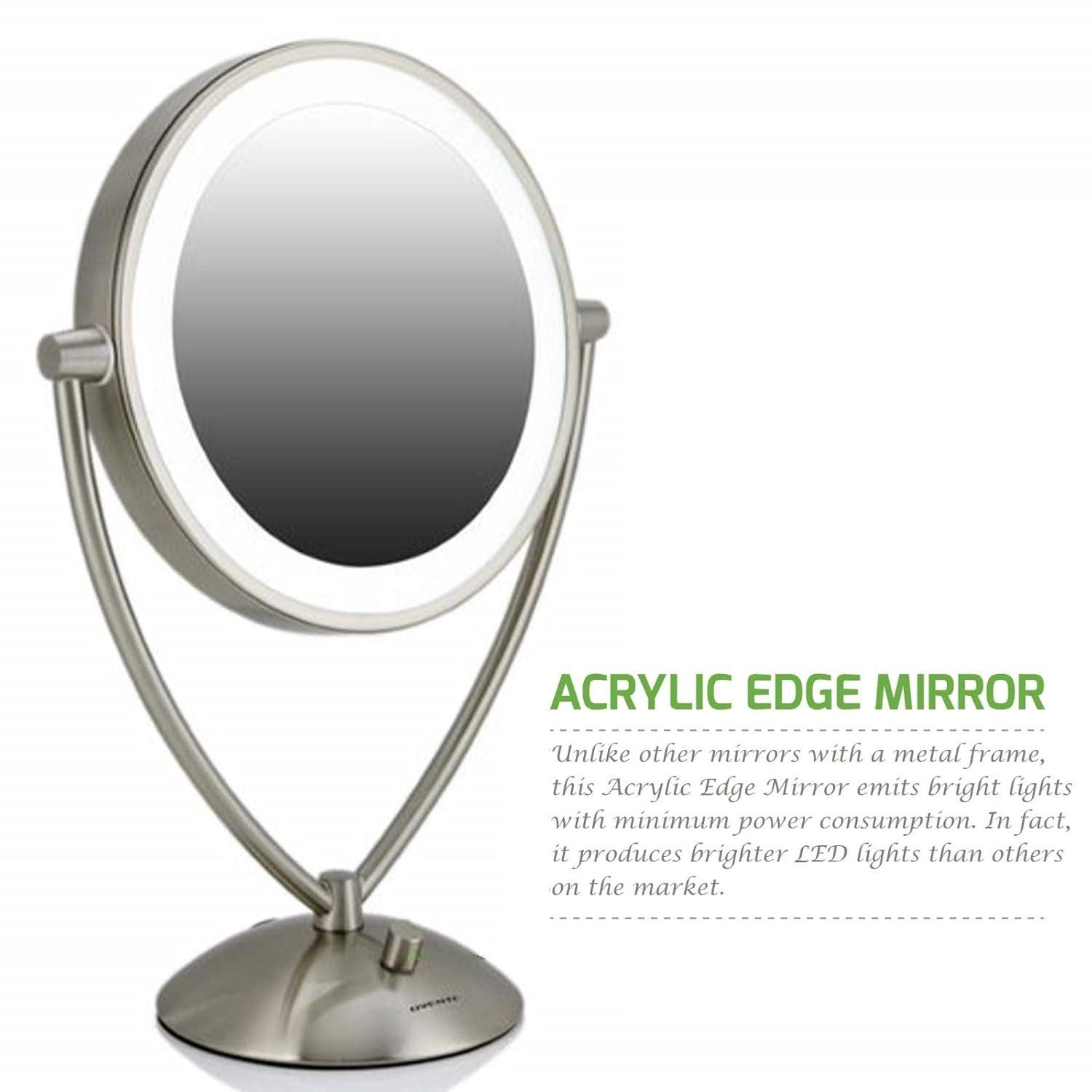 imageOvente Lighted Tabletop Makeup Mirror 95 Inch LED Dimmable 1X 5X Magnifier 360 Adjustable Double Sided Battery USB Operated Bedroom Lamp Vanity Cosmetic Professional Large Nickel Brushed MLT45BR1X5X