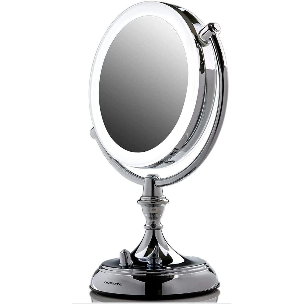 imageOVENTE 7 Lighted Tabletop Makeup Mirror with 1X10X Magnification DoubleSided Magnifying Vanity Mirror with Dimmable LED Lights 360 Swivel Design amp Dual Power Supply Nickel Brushed MGT75BR1X10XPolished Chrome