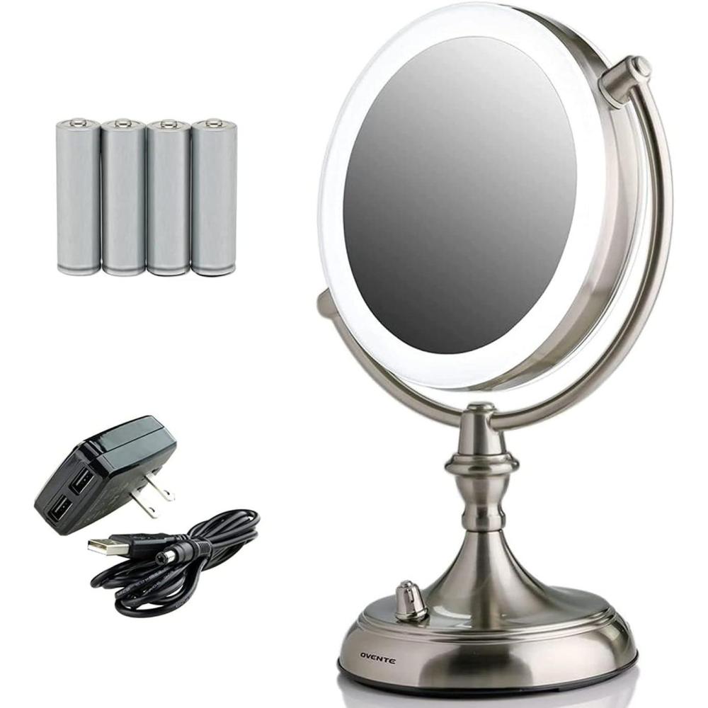 imageOVENTE 7 Lighted Tabletop Makeup Mirror with 1X10X Magnification DoubleSided Magnifying Vanity Mirror with Dimmable LED Lights 360 Swivel Design amp Dual Power Supply Nickel Brushed MGT75BR1X10XNickel Brushed