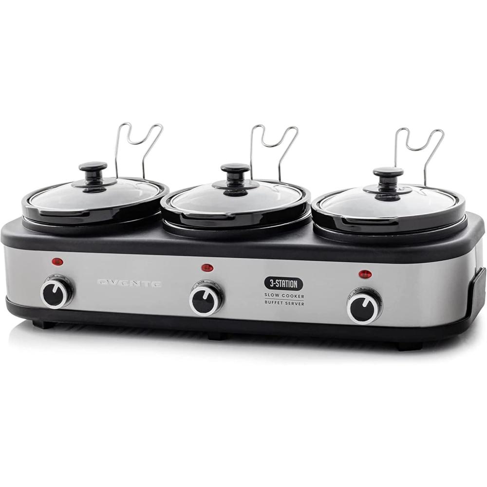 imageOVENTE Stainless Steel Triple Slow Cooker Buffet Server with Glass Lid amp Temperature Control 3 Section Station Portable 45 QT Ceramic Pot Food Warmer Easy Clean for Holiday Dinner Silver SLO315CBR
