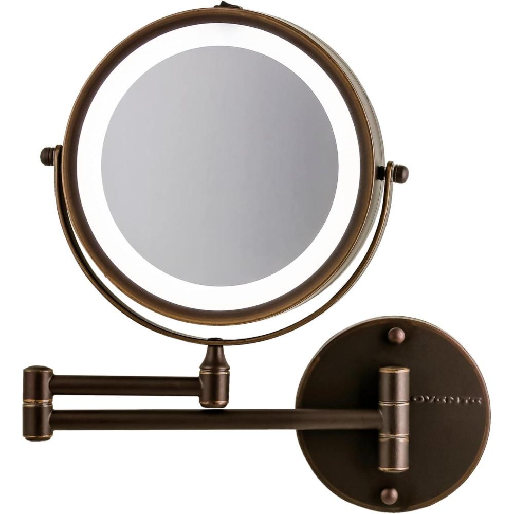 imageOVENTE Wall Mounted Lighted Makeup Mirror 9 Double Sided 1X10X Magnifying Vanity Mirror for Bathroom with LED Lights Cordless 360 Rotation and 13 Extendable Arm Polished Chrome MFW85CH1X10XAntique Bronze