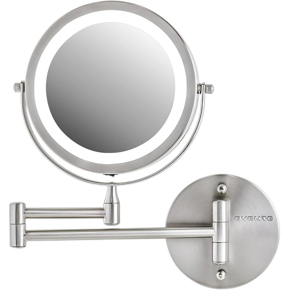 imageOVENTE Wall Mounted Lighted Makeup Mirror 9 Double Sided 1X10X Magnifying Vanity Mirror for Bathroom with LED Lights Cordless 360 Rotation and 13 Extendable Arm Polished Chrome MFW85CH1X10XNickel Brushed