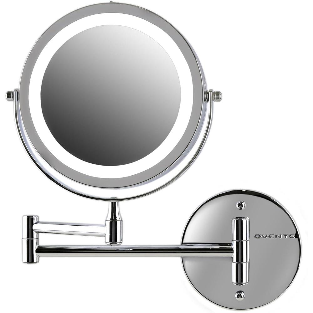 imageOVENTE Wall Mounted Lighted Makeup Mirror 9 Double Sided 1X10X Magnifying Vanity Mirror for Bathroom with LED Lights Cordless 360 Rotation and 13 Extendable Arm Polished Chrome MFW85CH1X10XPolished Chrome