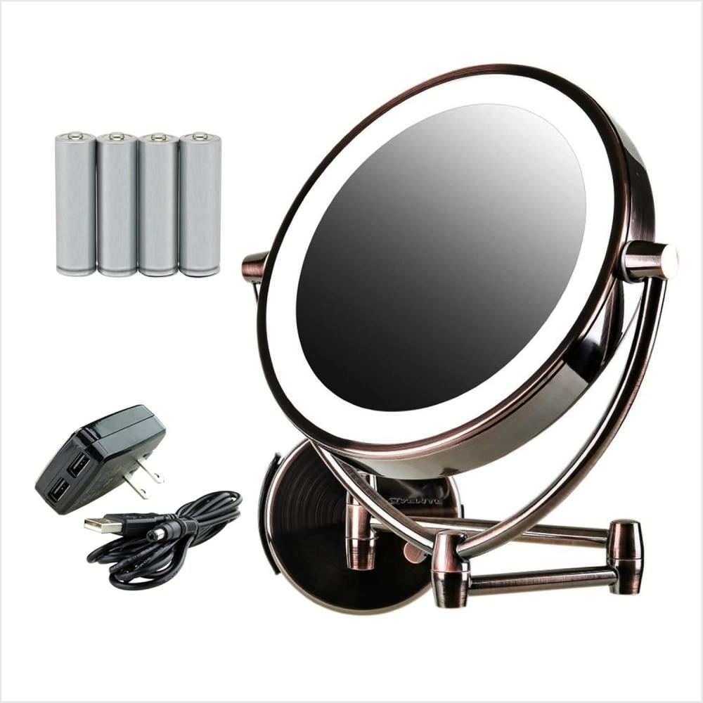 imageOvente 95 Lighted Wall Mount Makeup Mirror 1X amp 7X Magnifier Spinning Double Sided Round LED Dimmer Switch Extend Retractable amp Folding Arm Battery USB Powered Antique Brass MLW45AB1X7X