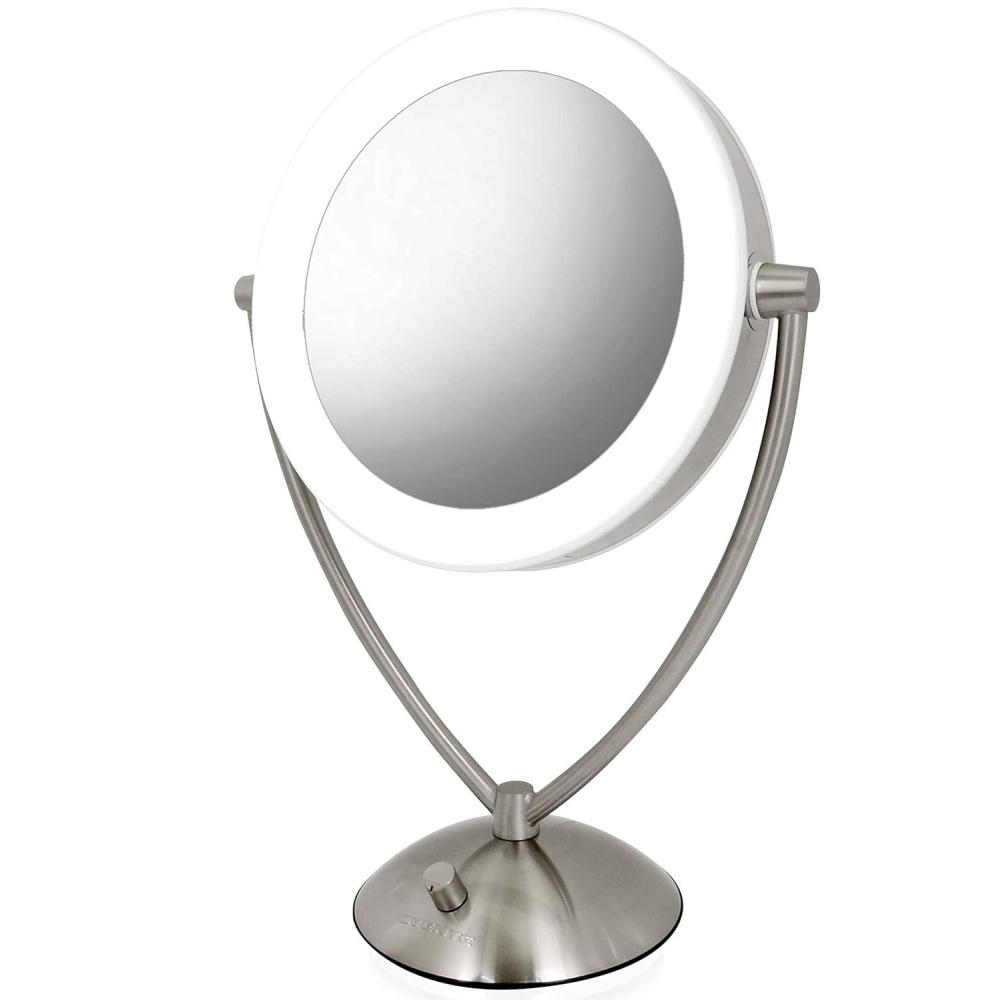 imageOvente Lighted Tabletop Makeup Mirror 95 Inch LED Dimmable 1X 5X Magnifier 360 Adjustable Double Sided Battery USB Operated Bedroom Lamp Vanity Cosmetic Professional Large Nickel Brushed MLT45BR1X5X