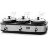 OVENTE Stainless Steel Triple Slow Cooker Buffet Server with Glass Lid & Temperature Control, 3 Section Station Portable 4.5 QT Ceramic Pot Food Warmer Easy Clean for Holiday Dinner, Silver SLO315CBR