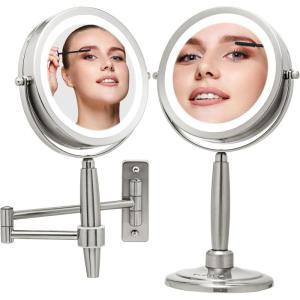 OVENTE 7” Lighted Makeup Mirror with 1X/8X Magnification, Cordless Multi-Functional Round Vanity Mirror with 360° Swivel Design, Double Sided and Three Toned LED Lights, Nickel Brushed MFM70BR1X8X(Nickle Brushed)