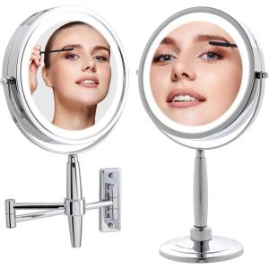 OVENTE 7” Lighted Makeup Mirror with 1X/8X Magnification, Cordless Multi-Functional Round Vanity Mirror with 360° Swivel Design, Double Sided and Three Toned LED Lights, Nickel Brushed MFM70BR1X8X(Polished Chrome)