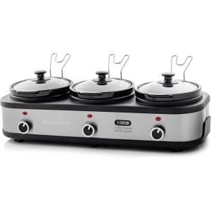 OVENTE Stainless Steel Triple Slow Cooker Buffet Server with Glass Lid & Temperature Control, 3 Section Station Portable 4.5 QT Ceramic Pot Food Warmer Easy Clean for Holiday Dinner, Silver SLO315CBR