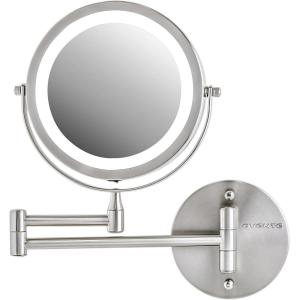 OVENTE Wall Mounted Lighted Makeup Mirror, 9″ Double Sided 1X/10X Magnifying Vanity Mirror for Bathroom with LED Lights, Cordless, 360° Rotation and 13″ Extendable Arm, Polished Chrome MFW85CH1X10X(Nickel Brushed)