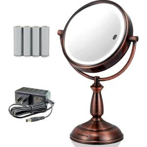 Ovente 7.5″ Lighted Tabletop Vanity Makeup Mirror, 1X & 7X Magnifier, Spinning Double Sided Round LED, 3 Tone Smart Touch, Auto Shut Off Timer, Battery & AC Plug Operated, Nickel Brushed MPT75BR1X7X(Antique Copper)