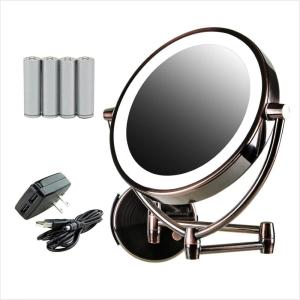 Ovente 9.5″ Lighted Wall Mount Makeup Mirror, 1X & 7X Magnifier, Spinning Double Sided Round LED Dimmer Switch, Extend, Retractable & Folding Arm, Battery USB Powered Antique Brass MLW45AB1X7X
