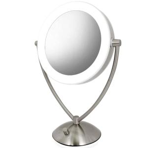 Ovente Lighted Tabletop Makeup Mirror 9.5 Inch LED Dimmable 1X 5X Magnifier 360 Adjustable Double Sided Battery USB Operated Bedroom Lamp Vanity Cosmetic Professional Large Nickel Brushed MLT45BR1X5X