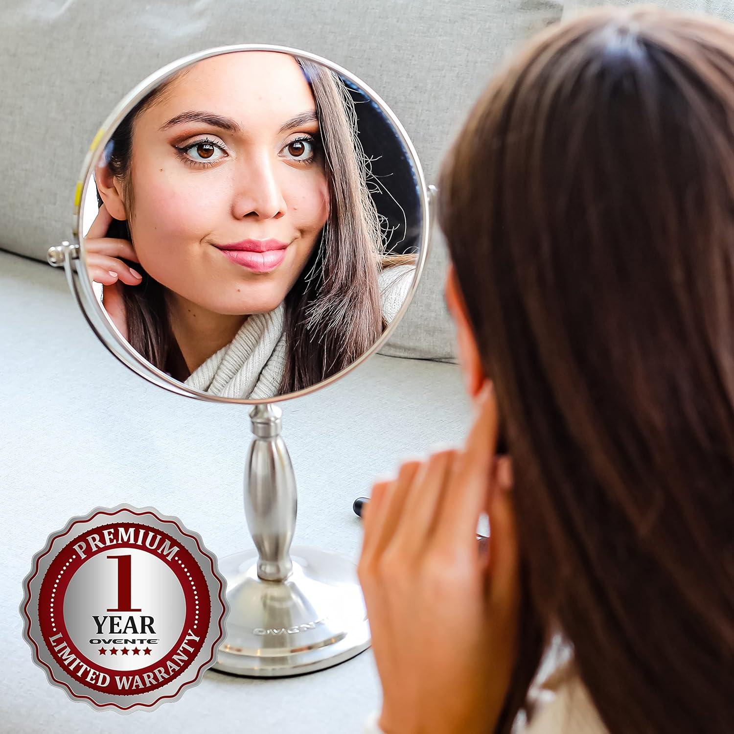 imageOVENTE 8 Tabletop Makeup Mirror with 1X7X Magnification 360 Swivel Design and DoubleSided FreeStanding Vanity Mirror Perfect for Dresser Bedroom and Office Desk Antique Bronze MNLAT80ABZ1X7XNickel Brushed