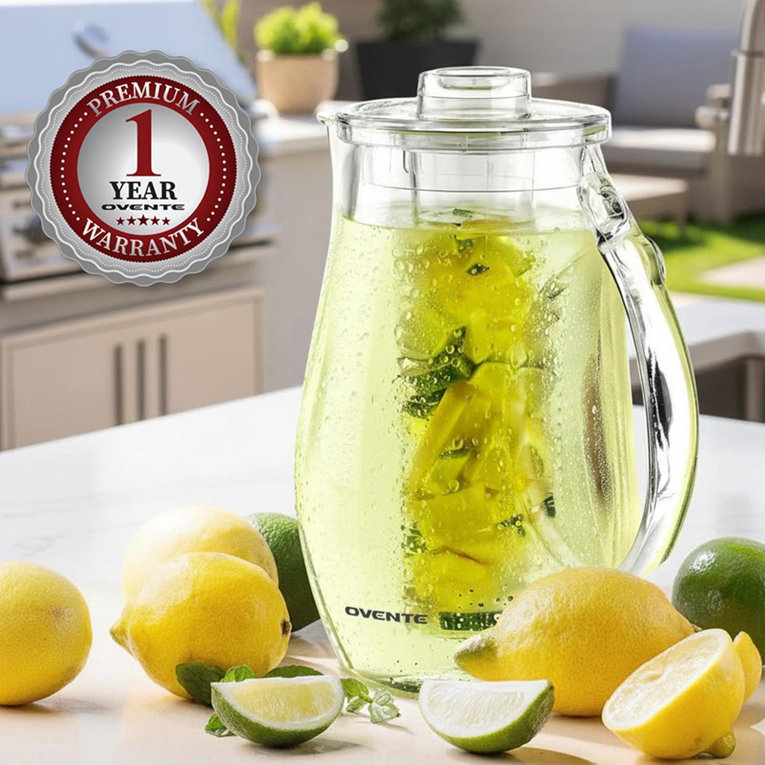 imageOVENTE Fruit Infusion Water Pitcher 25L85Oz with Removable Lid and Infuser Rod BPAFree Shatterproof Acrylic Beverage Jug for FlavorInfused Drinks Lemonade Juice and Iced Tea Clear PIA0852C