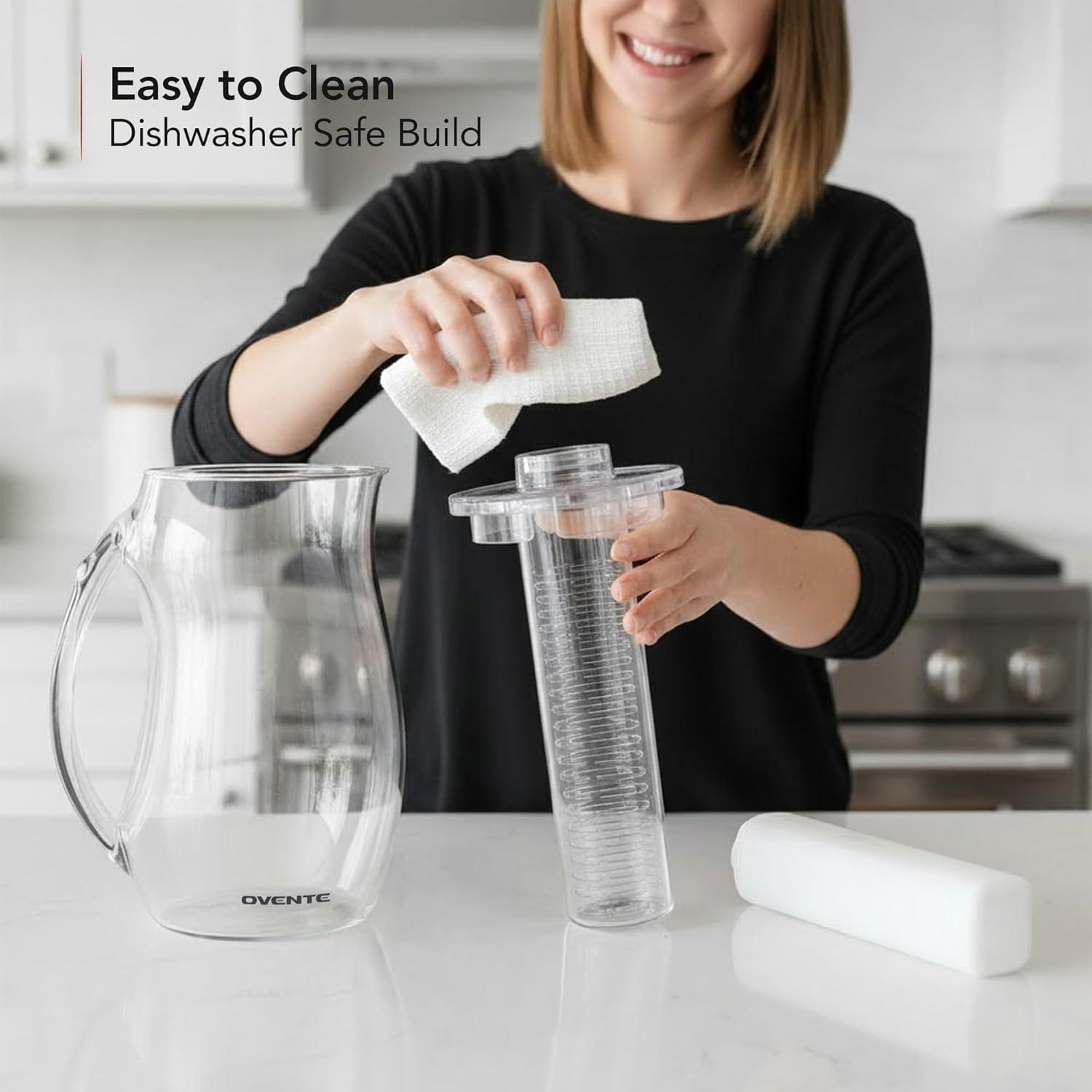 imageOVENTE Fruit Infusion Water Pitcher 25L85Oz with Removable Lid and Infuser Rod BPAFree Shatterproof Acrylic Beverage Jug for FlavorInfused Drinks Lemonade Juice and Iced Tea Clear PIA0852C