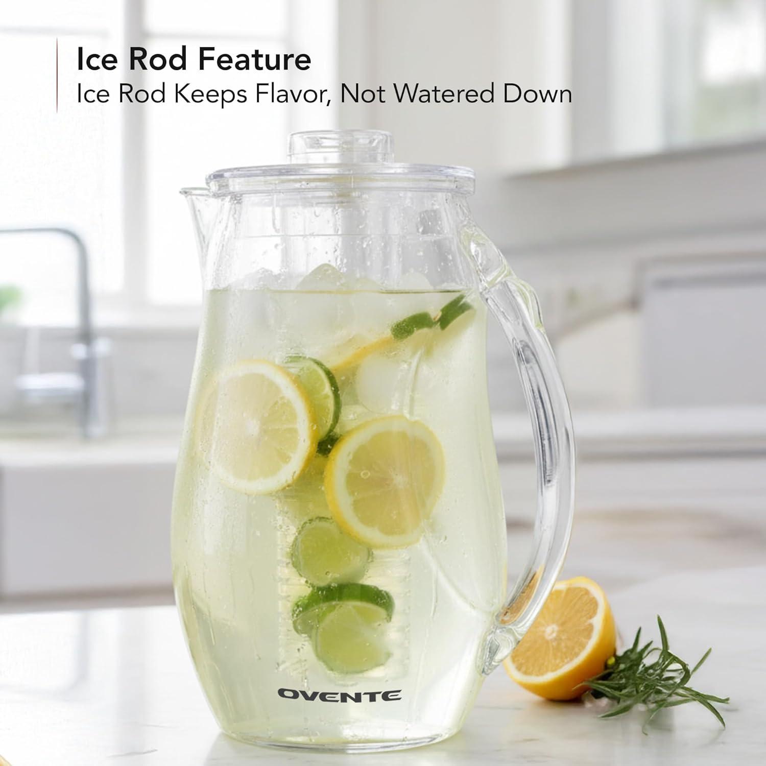 imageOVENTE Fruit Infusion Water Pitcher 25L85Oz with Removable Lid and Infuser Rod BPAFree Shatterproof Acrylic Beverage Jug for FlavorInfused Drinks Lemonade Juice and Iced Tea Clear PIA0852C