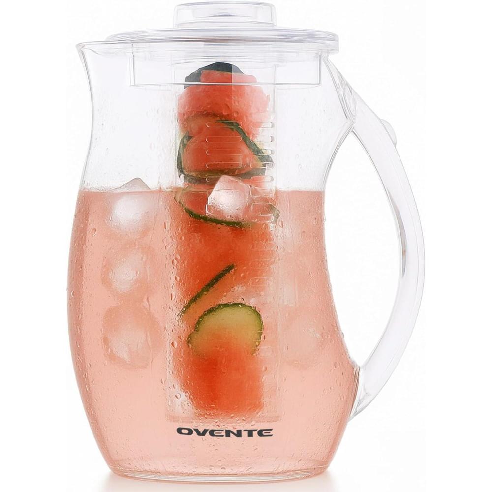 imageOVENTE Fruit Infusion Water Pitcher 25L85Oz with Removable Lid and Infuser Rod BPAFree Shatterproof Acrylic Beverage Jug for FlavorInfused Drinks Lemonade Juice and Iced Tea Clear PIA0852C