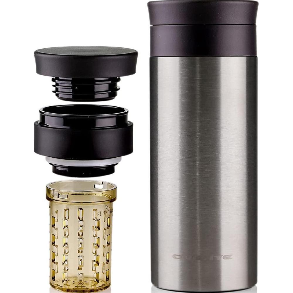 imageOVENTE Stainless Steel Vacuum Insulated Tumbler with Spill Resistant Lid and Fruit Infuser 16 Oz DoubleWall Water Bottle Leak Proof and Travel Friendly Mug for Hot and Cold Beverages Silver MSA16S