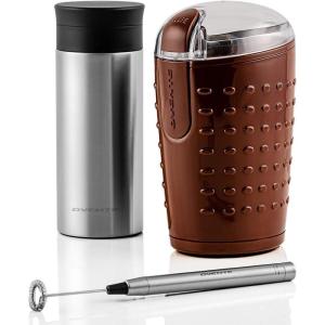 Ovente Coffee Accessories Set with Vacuum Insulated 12 Ounce Travel Mug with Tea Infuser + Electric Stainless Steel Handheld Milk Frother + 2.5 Ounce Electric Grinder for Coffee, Spices, or Herbs