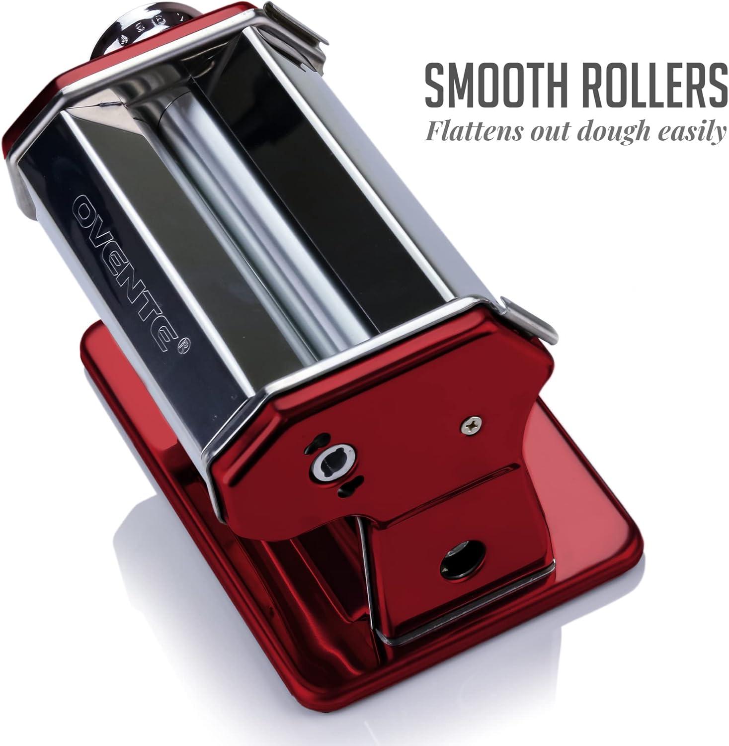 imageOVENTE Pasta Maker Machine with 7 Adjustable Thickness Settings Rollers and Cutter Classic Stainless Steel Manual Noodle Maker for Spaghetti Fettuccini Lasagna or Dumpling Skin Silver PA515SMetallic Red
