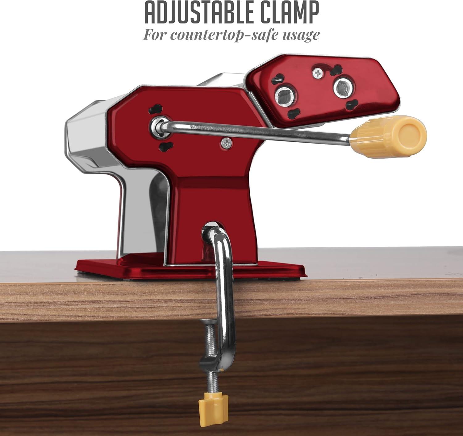 imageOVENTE Pasta Maker Machine with 7 Adjustable Thickness Settings Rollers and Cutter Classic Stainless Steel Manual Noodle Maker for Spaghetti Fettuccini Lasagna or Dumpling Skin Silver PA515SMetallic Red
