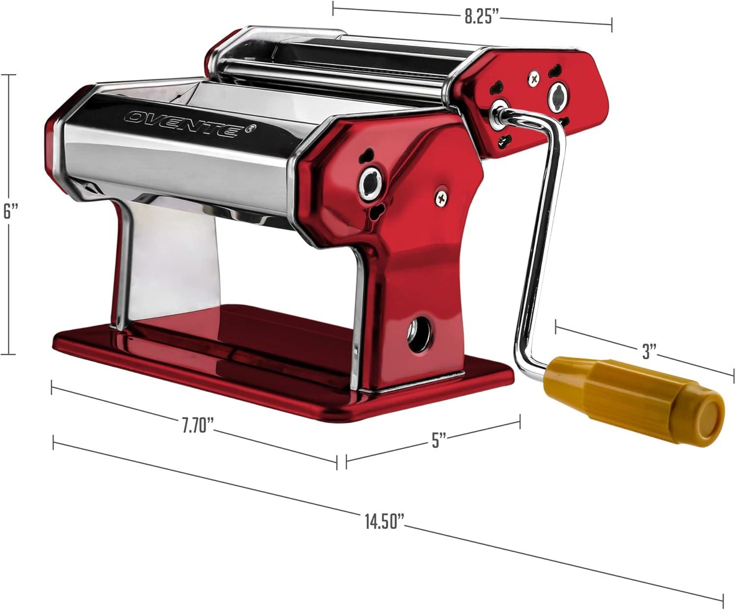 imageOVENTE Pasta Maker Machine with 7 Adjustable Thickness Settings Rollers and Cutter Classic Stainless Steel Manual Noodle Maker for Spaghetti Fettuccini Lasagna or Dumpling Skin Silver PA515SMetallic Red