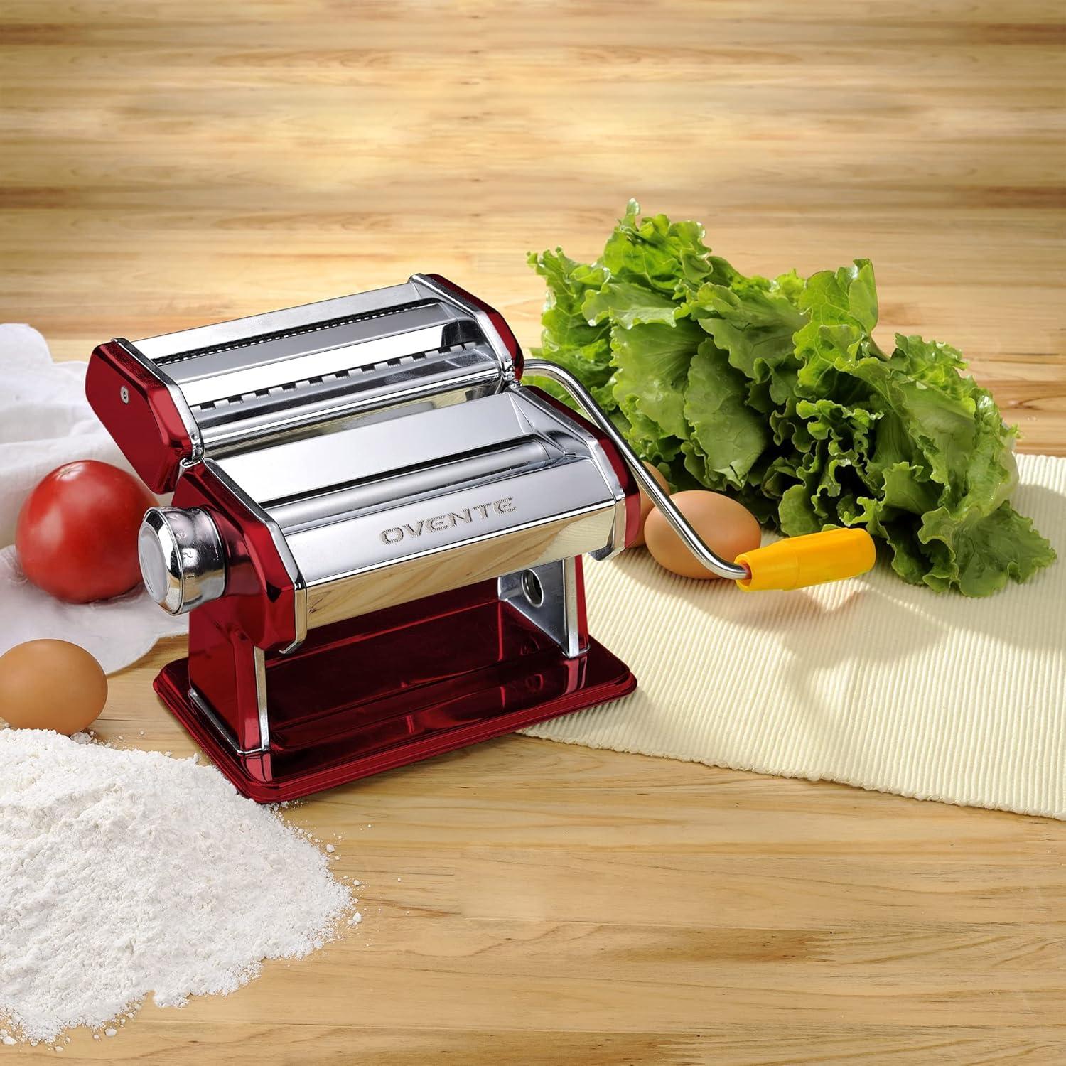 imageOVENTE Pasta Maker Machine with 7 Adjustable Thickness Settings Rollers and Cutter Classic Stainless Steel Manual Noodle Maker for Spaghetti Fettuccini Lasagna or Dumpling Skin Silver PA515SMetallic Red
