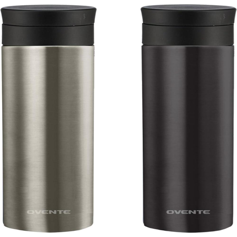 imageOvente Stainless Steel Vacuum Insulated Coffee Water Mug 12oz Portable Double Wall Handheld Tumbler with Tea Infuser BPAFree Spill Proof Travel Friendly for Hot Cold Beverage MSA12SG 2 Pack