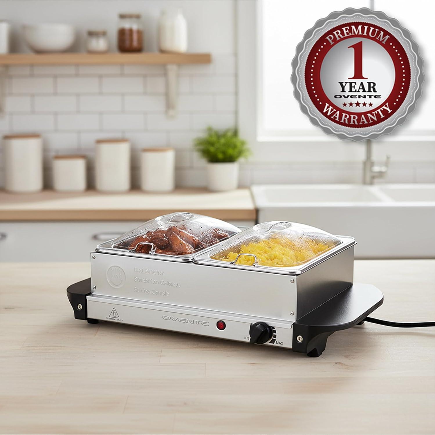 imageOVENTE Electric Buffet Server amp Food Warmer with Two 15 Qt Stainless Steel Chafing Dishes Adjustable Temperature Control Warming Tray for Parties Dinners amp Events Silver FW152S2 Chafing Pan Silver