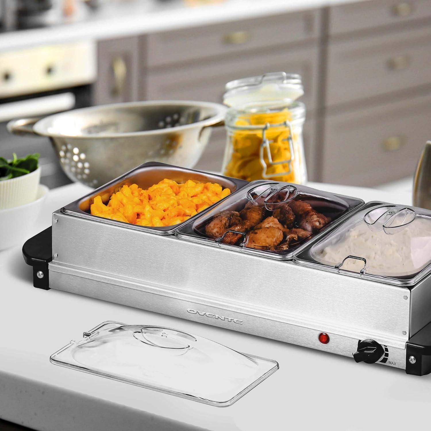 imageOVENTE Electric Buffet Server amp Food Warmer with Two 15 Qt Stainless Steel Chafing Dishes Adjustable Temperature Control Warming Tray for Parties Dinners amp Events Silver FW152S3 Chafing Pan Silver