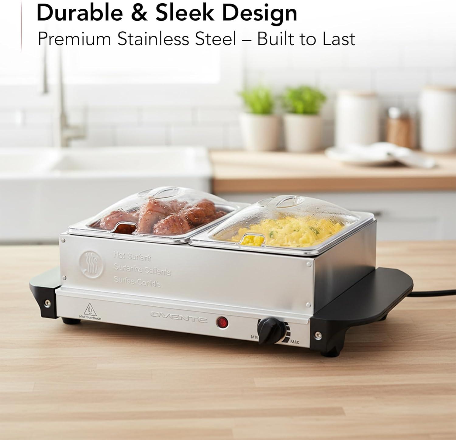 imageOVENTE Electric Buffet Server amp Food Warmer with Two 15 Qt Stainless Steel Chafing Dishes Adjustable Temperature Control Warming Tray for Parties Dinners amp Events Silver FW152S2 Chafing Pan Silver