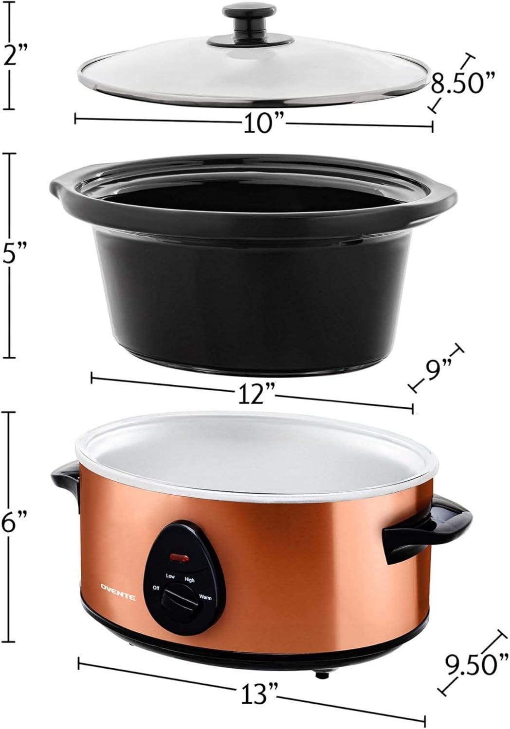 imageOVENTE Electric Slow Cooker with 3 Cooking Settings NonStick and Dishwasher Safe Stoneware Stainless Steel Body Glass Lid 37 Qt Oval Pot for Entrees Soups Sauces Stews amp Dips Silver SLO35ABRSLO35ACO