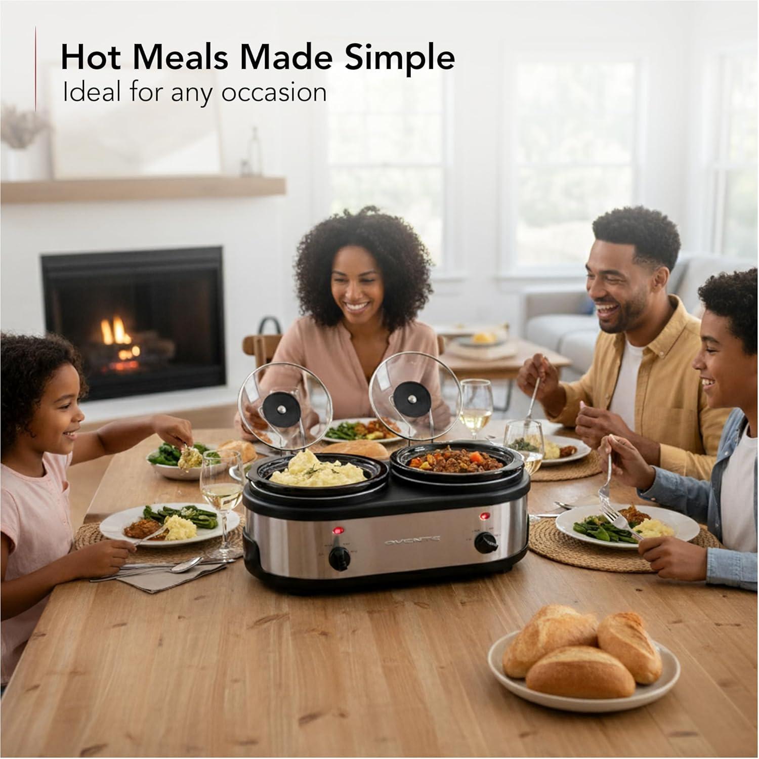 imageOVENTE Electric Slow Cooker with 3 Cooking Settings NonStick and Dishwasher Safe Stoneware Stainless Steel Body Glass Lid 37 Qt Oval Pot for Entrees Soups Sauces Stews amp Dips Silver SLO35ABRSLO215BR